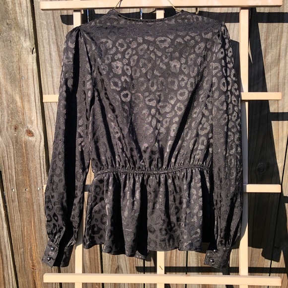 Satin shiny Faux wrap black leopard top Blouse S - Picture 5 of 6